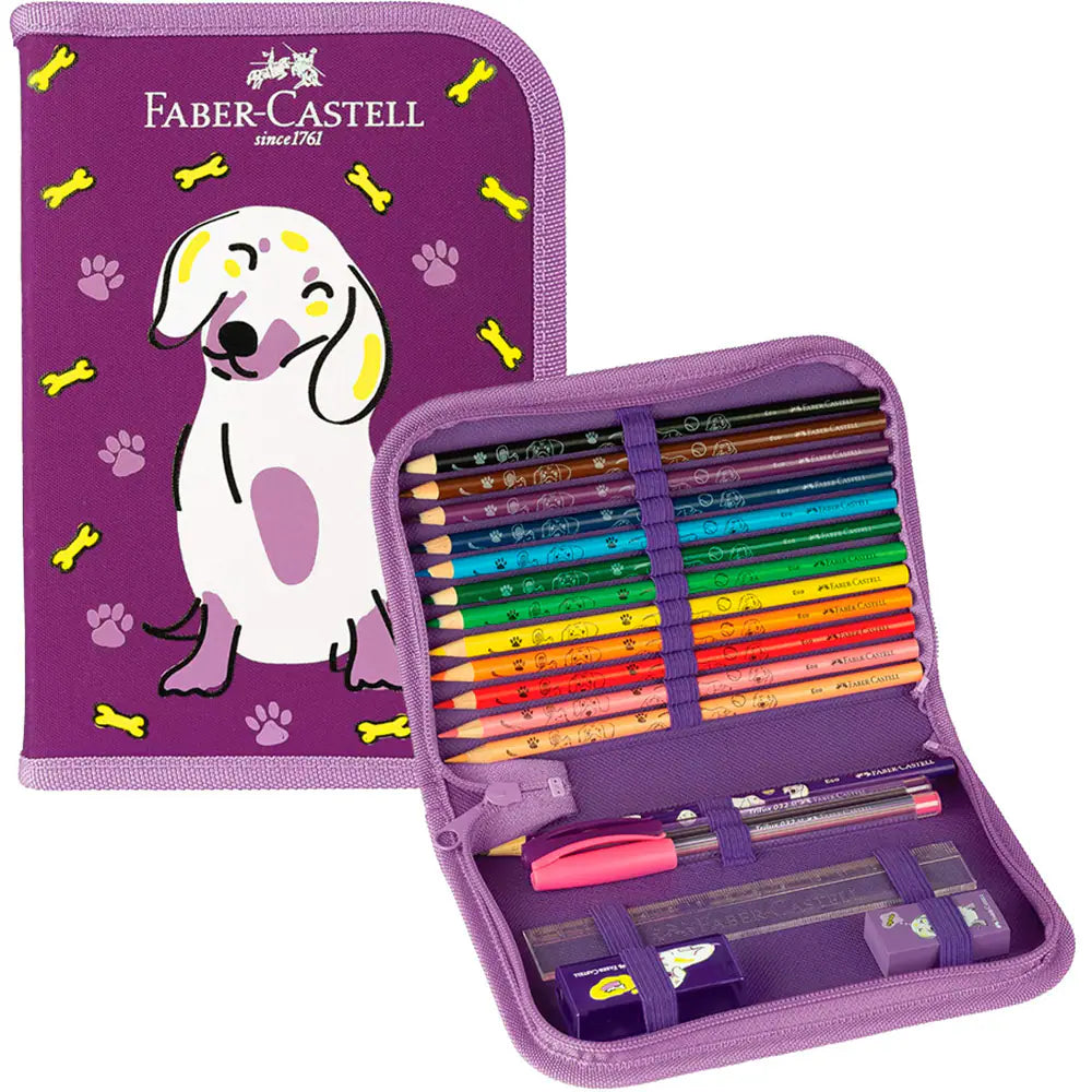 Estuche escolar Faber-Castell “Perrito” (violeta) – Kit completo